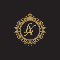 Initial letter LX, overlapping monogram logo, decorative ornament badge, elegant luxury golden color