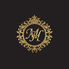 Obraz premium Initial letter MH, overlapping monogram logo, decorative ornament badge, elegant luxury golden color