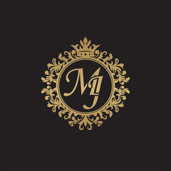 Fototapeta na wymiar Initial letter MJ, overlapping monogram logo, decorative ornament badge, elegant luxury golden color