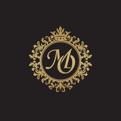 Initial letter MO, overlapping monogram logo, decorative ornament badge, elegant luxury golden color - obrazy, fototapety, plakaty