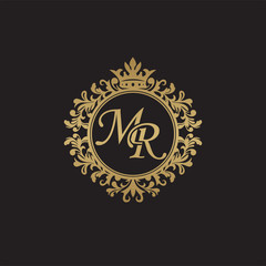 Initial letter MR, overlapping monogram logo, decorative ornament badge, elegant luxury golden color