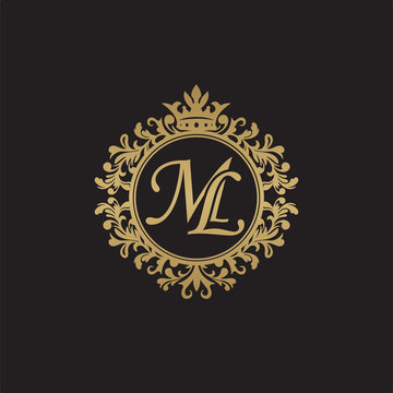 Initial letter ML, overlapping monogram logo, decorative ornament badge, elegant luxury golden color
