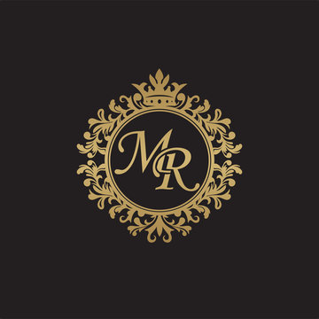 Initial letter MR, overlapping monogram logo, decorative ornament badge, elegant luxury golden color