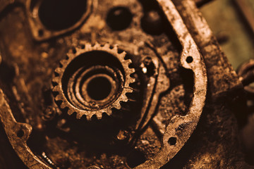 Old rusty engine. Gear close up. Disassembly of the engine for spare parts.
