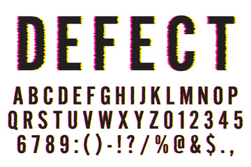 Trendy Distorted Glitch Font Typeface Letters, Numbers and Symbols Vector Illustration