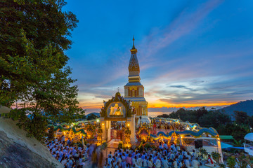 Naklejka premium beautiful Phra That Phanom pagoda in Doi Thepnimith temple on Patong hilltop. on Doi Thepnimit temple is the highest hill you can see Patong panorama view