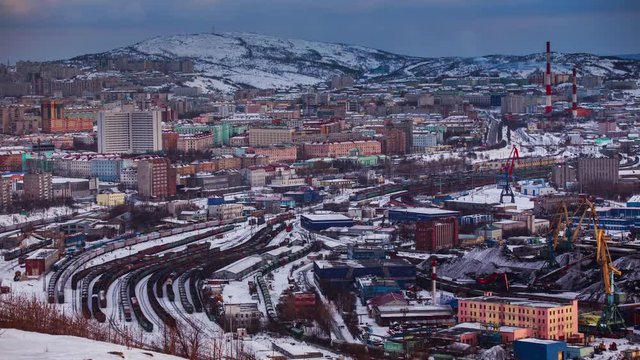 4k, Time lapse, panoramic view Murmansk, Russia