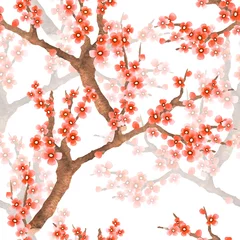 Papier Peint photo Style japonais motif floral de printemps sans couture avec sakura en fleurs dans un style aquarelle dessiné à la main. Fond romantique sur blanc.