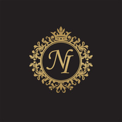 Initial letter NI, overlapping monogram logo, decorative ornament badge, elegant luxury golden color