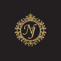 Initial letter NJ, overlapping monogram logo, decorative ornament badge, elegant luxury golden color