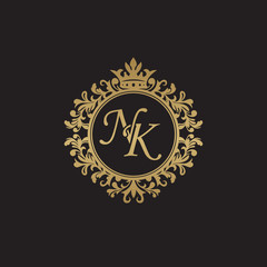 Initial letter NK, overlapping monogram logo, decorative ornament badge, elegant luxury golden color