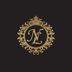 Initial letter NL, overlapping monogram logo, decorative ornament badge, elegant luxury golden color - obrazy, fototapety, plakaty
