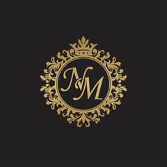 Initial letter NM, overlapping monogram logo, decorative ornament badge, elegant luxury golden color