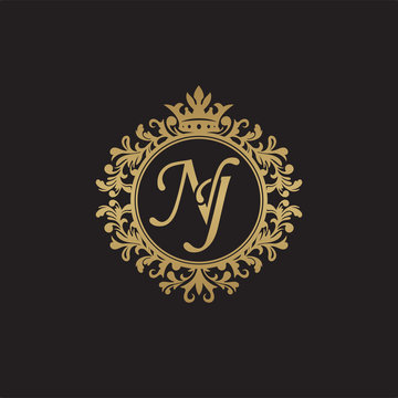 Initial letter NJ, overlapping monogram logo, decorative ornament badge, elegant luxury golden color
