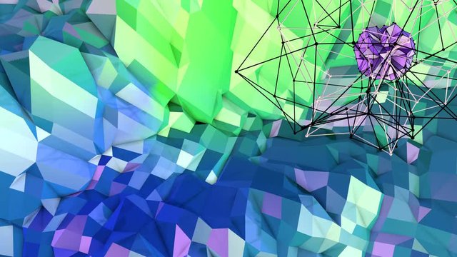 4k low poly background animation in loop. Seamless 3d animation as creative simple low poly background. V3 blue green landscape with sphere and moving framework