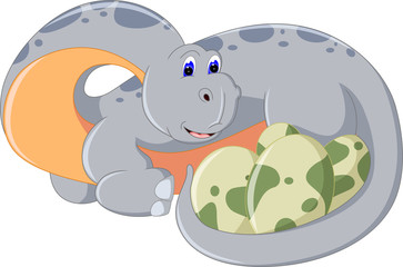 funny brontosaur cartoon sitting with hugging egg