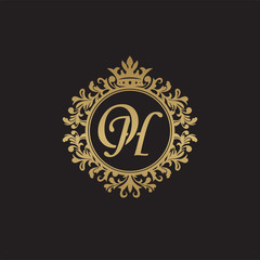 Initial letter OH, overlapping monogram logo, decorative ornament badge, elegant luxury golden color