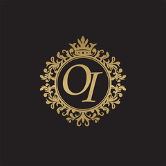 Initial letter OI, overlapping monogram logo, decorative ornament badge, elegant luxury golden color