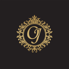 Initial letter OJ, overlapping monogram logo, decorative ornament badge, elegant luxury golden color