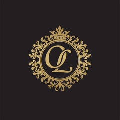 Initial letter OL, overlapping monogram logo, decorative ornament badge, elegant luxury golden color