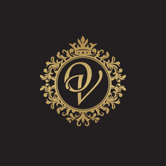 Initial letter OV, overlapping monogram logo, decorative ornament badge, elegant luxury golden color