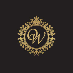 Initial letter OW, overlapping monogram logo, decorative ornament badge, elegant luxury golden color