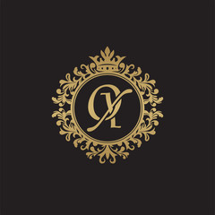 Initial letter OX, overlapping monogram logo, decorative ornament badge, elegant luxury golden color