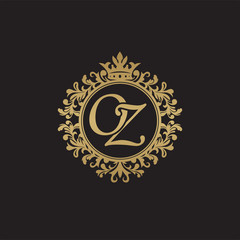Initial letter OZ, overlapping monogram logo, decorative ornament badge, elegant luxury golden color