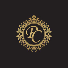 Initial letter PC, overlapping monogram logo, decorative ornament badge, elegant luxury golden color