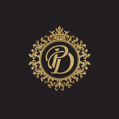 Initial letter PD, overlapping monogram logo, decorative ornament badge, elegant luxury golden color