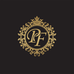 Fototapeta na wymiar Initial letter PF, overlapping monogram logo, decorative ornament badge, elegant luxury golden color