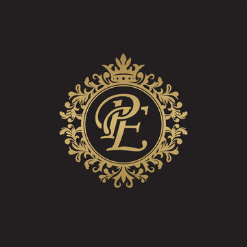 Initial letter PE, overlapping monogram logo, decorative ornament badge, elegant luxury golden color