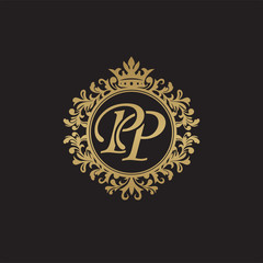 Initial letter PP, overlapping monogram logo, decorative ornament badge, elegant luxury golden color