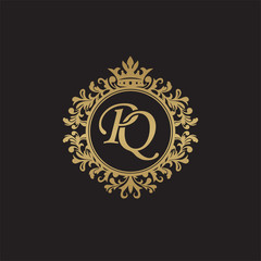 Initial letter PQ, overlapping monogram logo, decorative ornament badge, elegant luxury golden color
