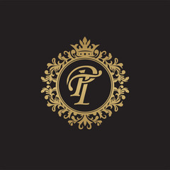 Initial letter PT, overlapping monogram logo, decorative ornament badge, elegant luxury golden color
