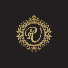 Initial letter PU, overlapping monogram logo, decorative ornament badge, elegant luxury golden color