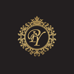 Initial letter PY, overlapping monogram logo, decorative ornament badge, elegant luxury golden color