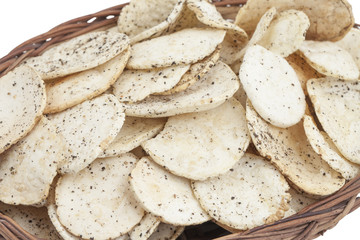 Indian Spicy Potato Chips Also know as Aloo Papri, Aloo Papdi, Alu Papdi, Wafer and Aloo Chips isolated on White Background