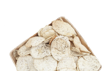 Indian Spicy Potato Chips Also know as Aloo Papri, Aloo Papdi, Alu Papdi, Wafer and Aloo Chips isolated on White Background