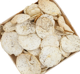 Indian Spicy Potato Chips Also know as Aloo Papri, Aloo Papdi, Alu Papdi, Wafer and Aloo Chips isolated on White Background