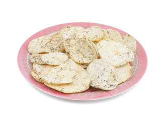 Indian Spicy Potato Chips Also know as Aloo Papri, Aloo Papdi, Alu Papdi, Wafer and Aloo Chips isolated on White Background