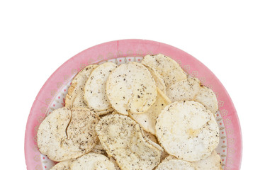 Indian Spicy Potato Chips Also know as Aloo Papri, Aloo Papdi, Alu Papdi, Wafer and Aloo Chips isolated on White Background