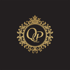 Initial letter QP, overlapping monogram logo, decorative ornament badge, elegant luxury golden color