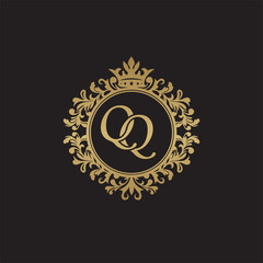 Initial letter QQ, overlapping monogram logo, decorative ornament badge, elegant luxury golden color