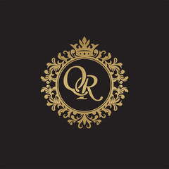Fototapeta premium Initial letter QR, overlapping monogram logo, decorative ornament badge, elegant luxury golden color
