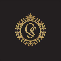 Initial letter QS, overlapping monogram logo, decorative ornament badge, elegant luxury golden color