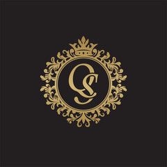Initial letter QS, overlapping monogram logo, decorative ornament badge, elegant luxury golden color