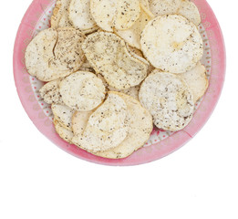 Indian Spicy Potato Chips Also know as Aloo Papri, Aloo Papdi, Alu Papdi, Wafer and Aloo Chips isolated on White Background