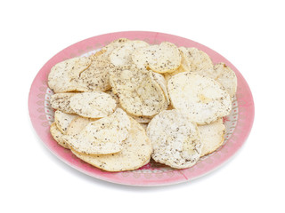 Indian Spicy Potato Chips Also know as Aloo Papri, Aloo Papdi, Alu Papdi, Wafer and Aloo Chips isolated on White Background