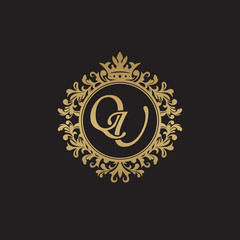 Initial letter QU, overlapping monogram logo, decorative ornament badge, elegant luxury golden color
